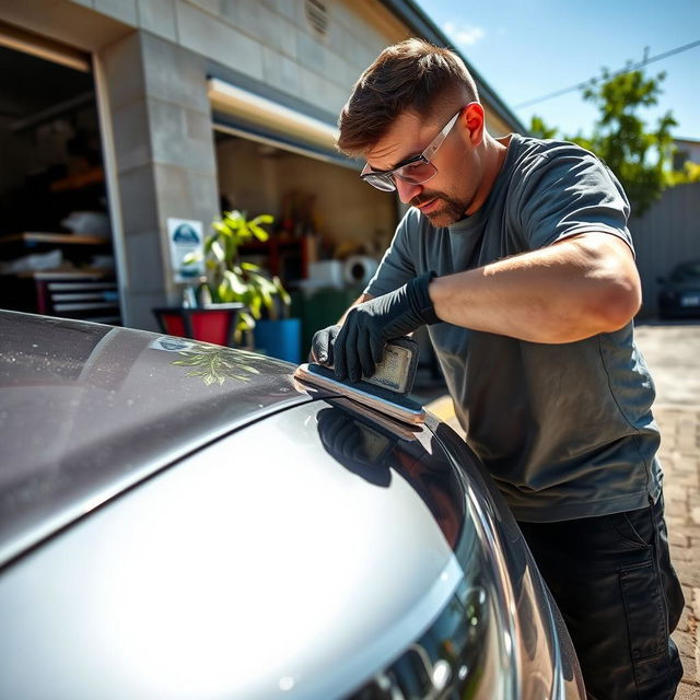 A person wet sanding oxidized car headlights using sandpaper in front of a garage on a sunny day