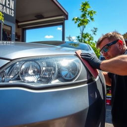 A person wet sanding oxidized car headlights using sandpaper in front of a garage on a sunny day