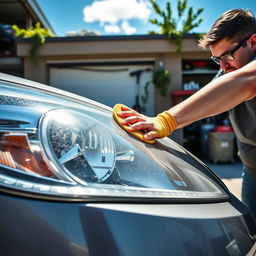 A person wet sanding oxidized car headlights using sandpaper in front of a garage on a sunny day