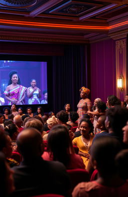 A vibrant scene inside a bustling film theater filled with a diverse audience of people eagerly watching a large screen