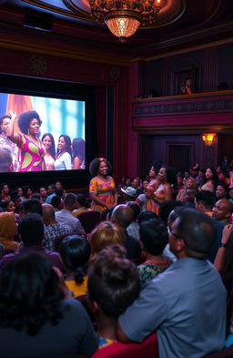 A vibrant scene inside a bustling film theater filled with a diverse audience of people eagerly watching a large screen