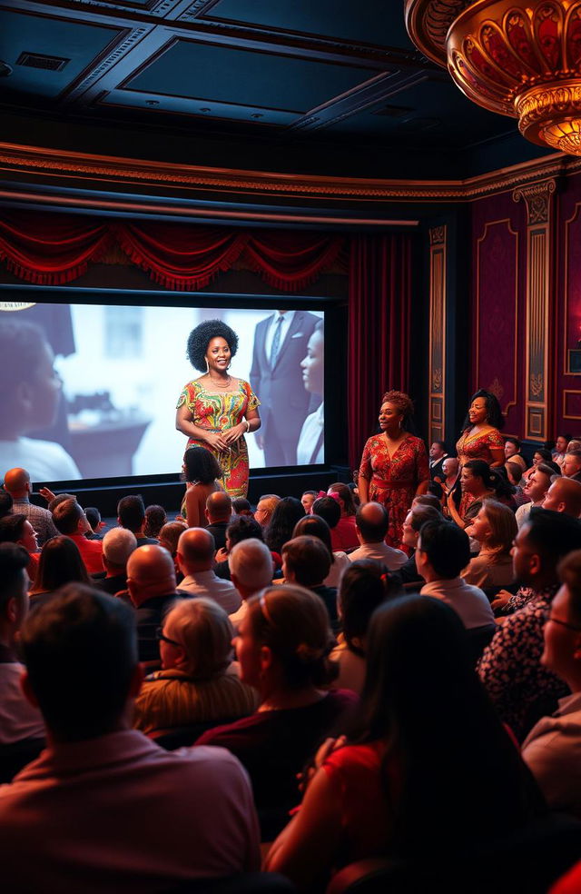 A vibrant scene inside a bustling film theater filled with a diverse audience of people eagerly watching a large screen