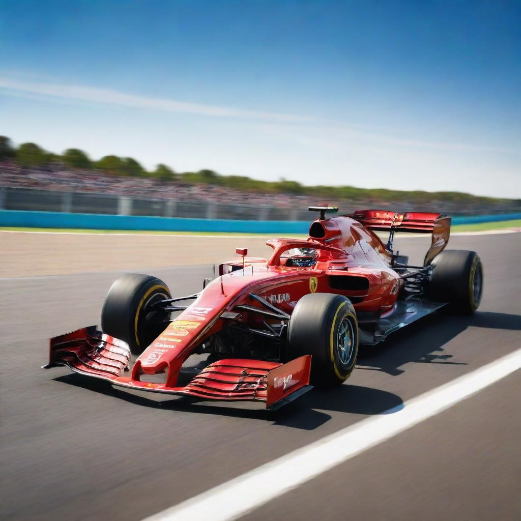 A modern Formula 1 car speeding on a race track, showcasing sleek design, vibrant colors and impressive aerodynamics under a bright sunny sky