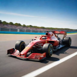 A modern Formula 1 car speeding on a race track, showcasing sleek design, vibrant colors and impressive aerodynamics under a bright sunny sky