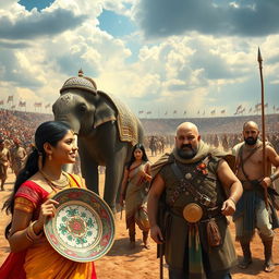 An expansive open arena bustling with activity, featuring cavalry and tribal warriors brandishing spears, all set against a dramatic sky
