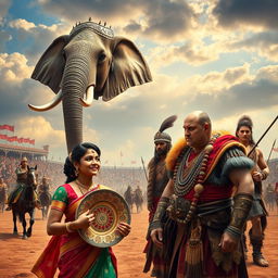 An expansive open arena bustling with activity, featuring cavalry and tribal warriors brandishing spears, all set against a dramatic sky