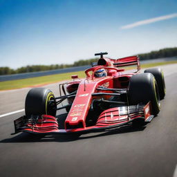 A modern Formula 1 car speeding on a race track, showcasing sleek design, vibrant colors and impressive aerodynamics under a bright sunny sky