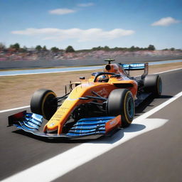 A modern Formula 1 car speeding on a race track, showcasing sleek design, vibrant colors and impressive aerodynamics under a bright sunny sky