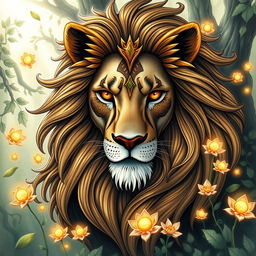 A detailed hand-drawn fantasy lion, with majestic flowing mane and intricate designs woven into its fur