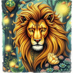A detailed hand-drawn fantasy lion, with majestic flowing mane and intricate designs woven into its fur