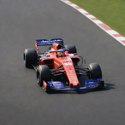 A modern Formula 1 car speeding on a race track, showcasing sleek design, vibrant colors and impressive aerodynamics under a bright sunny sky