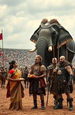 An expansive open arena filled with cavalry and tribal warriors holding spears