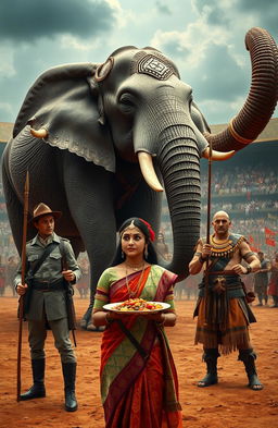 An expansive open arena filled with cavalry and tribal warriors holding spears