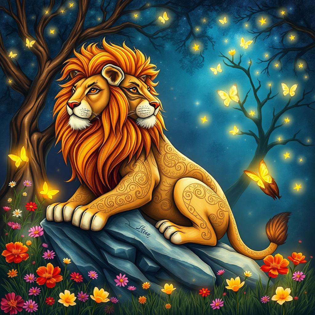 A captivating hand-drawn fantasy lion with a magnificent mane, featuring intricate designs and patterns woven throughout its fur