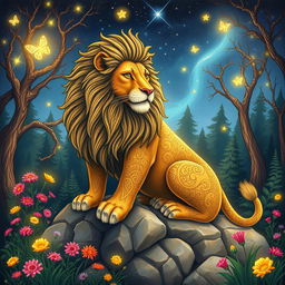 A captivating hand-drawn fantasy lion with a magnificent mane, featuring intricate designs and patterns woven throughout its fur
