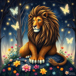 A captivating hand-drawn fantasy lion with a magnificent mane, featuring intricate designs and patterns woven throughout its fur
