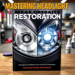 A striking book cover for 'Mastering Headlight Restoration'