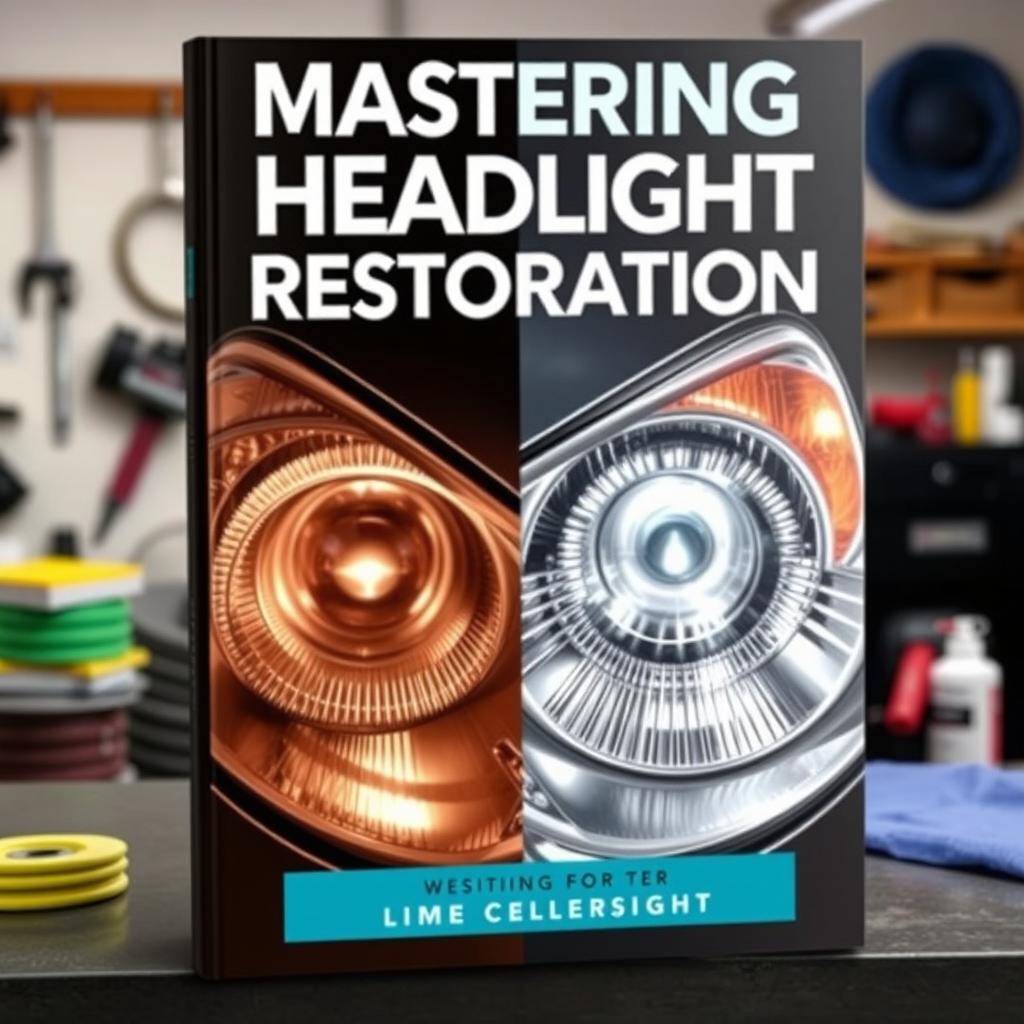 A striking book cover for 'Mastering Headlight Restoration'