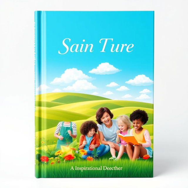 A vibrant and uplifting book cover design featuring a serene landscape with rolling green hills and a bright blue sky filled with fluffy white clouds