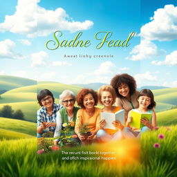 A vibrant and uplifting book cover design featuring a serene landscape with rolling green hills and a bright blue sky filled with fluffy white clouds