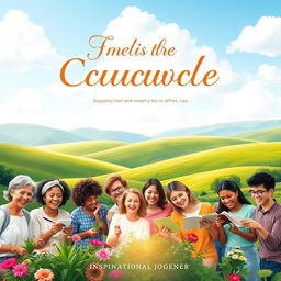 A vibrant and uplifting book cover design featuring a serene landscape with rolling green hills and a bright blue sky filled with fluffy white clouds
