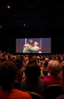 A vibrant film theatre filled with diverse people of all ages, engaged and emotional as they watch a cinematic scene on a large screen
