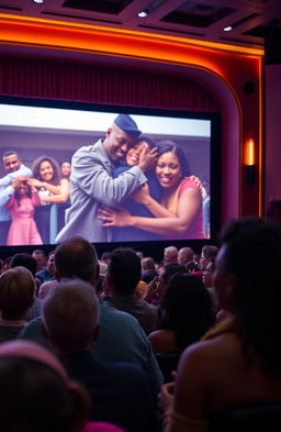 A vibrant film theatre filled with diverse people of all ages, engaged and emotional as they watch a cinematic scene on a large screen
