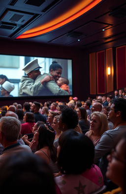 A vibrant film theatre filled with diverse people of all ages, engaged and emotional as they watch a cinematic scene on a large screen