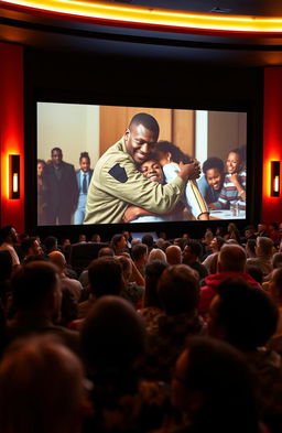 A vibrant film theatre filled with diverse people of all ages, engaged and emotional as they watch a cinematic scene on a large screen