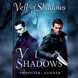 A paperback book cover for a mystery novel titled "Veil of Shadows"