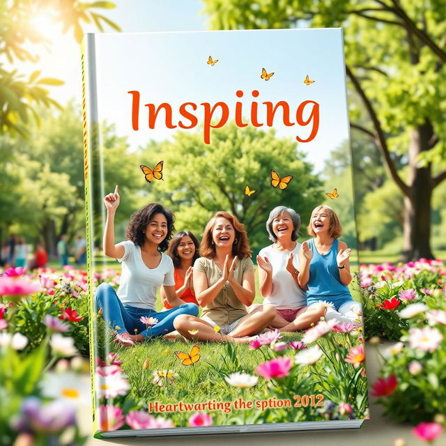 A joyful and inspiring book cover design that showcases a sunny park scene filled with lush greenery and blooming flowers