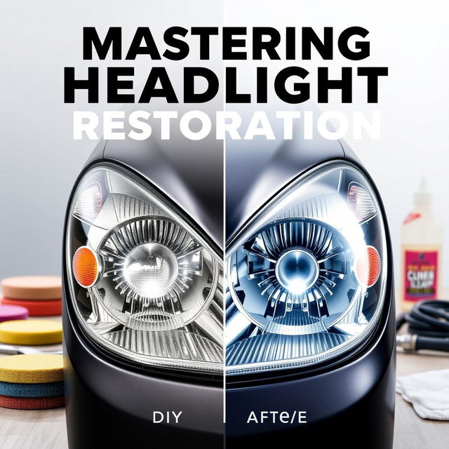 An appealing book cover for 'Mastering Headlight Restoration' that features a visually striking before-and-after image of a car headlight