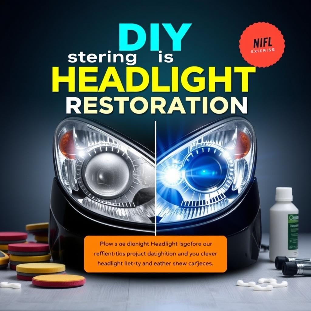 An appealing book cover for 'Mastering Headlight Restoration' that features a visually striking before-and-after image of a car headlight