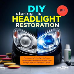 An appealing book cover for 'Mastering Headlight Restoration' that features a visually striking before-and-after image of a car headlight