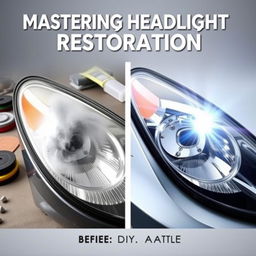 An appealing book cover for 'Mastering Headlight Restoration' that features a visually striking before-and-after image of a car headlight