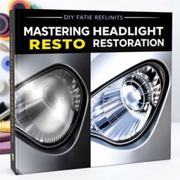 An appealing book cover for 'Mastering Headlight Restoration' that features a visually striking before-and-after image of a car headlight