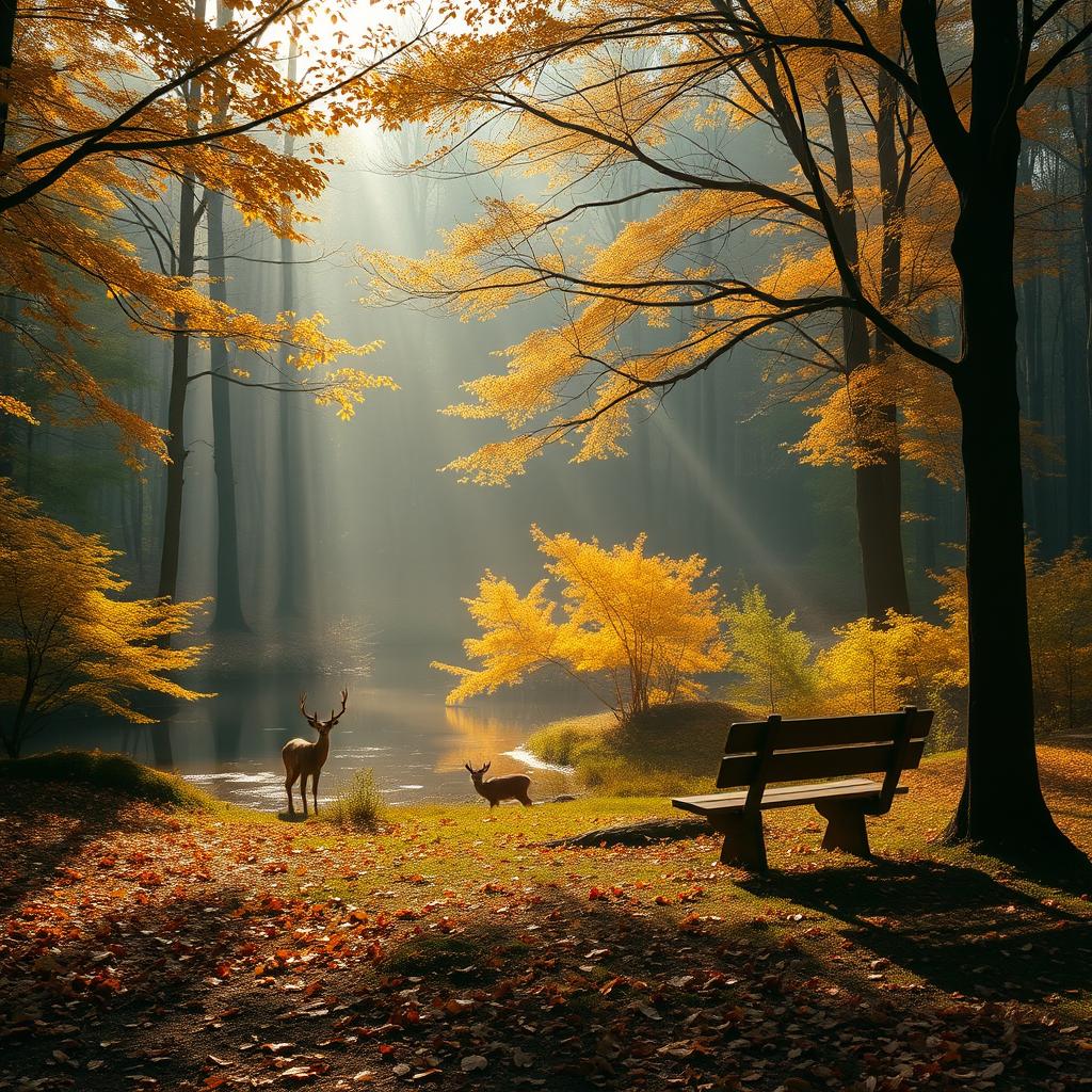 A serene forest landscape during autumn, featuring a vibrant array of trees with golden leaves, a small, tranquil pond reflecting the hues of the surrounding foliage, and scattered fallen leaves on the ground