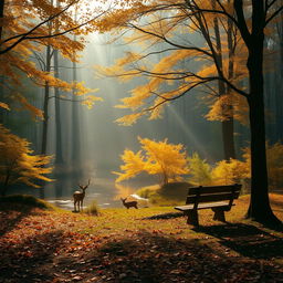 A serene forest landscape during autumn, featuring a vibrant array of trees with golden leaves, a small, tranquil pond reflecting the hues of the surrounding foliage, and scattered fallen leaves on the ground