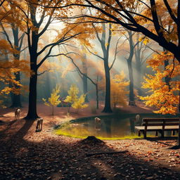 A serene forest landscape during autumn, featuring a vibrant array of trees with golden leaves, a small, tranquil pond reflecting the hues of the surrounding foliage, and scattered fallen leaves on the ground