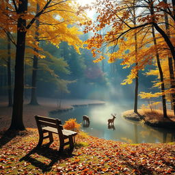A serene forest landscape during autumn, featuring a vibrant array of trees with golden leaves, a small, tranquil pond reflecting the hues of the surrounding foliage, and scattered fallen leaves on the ground