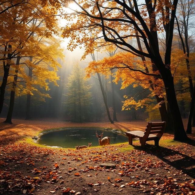 A serene forest landscape during autumn, featuring a vibrant array of trees with golden leaves, a small, tranquil pond reflecting the hues of the surrounding foliage, and scattered fallen leaves on the ground