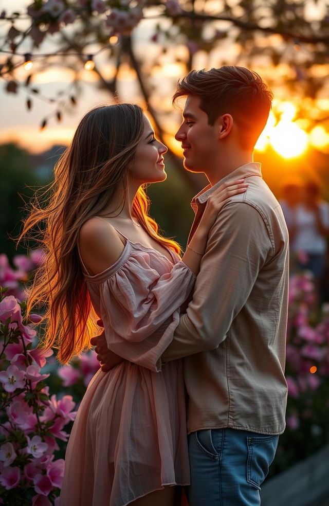 A romantic scene featuring a young couple sharing a tender moment in a picturesque outdoor setting during sunset