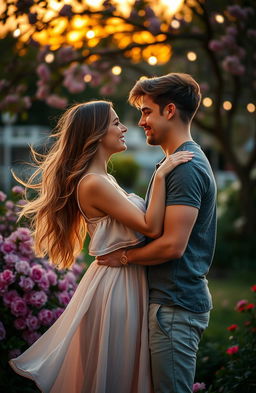 A romantic scene featuring a young couple sharing a tender moment in a picturesque outdoor setting during sunset