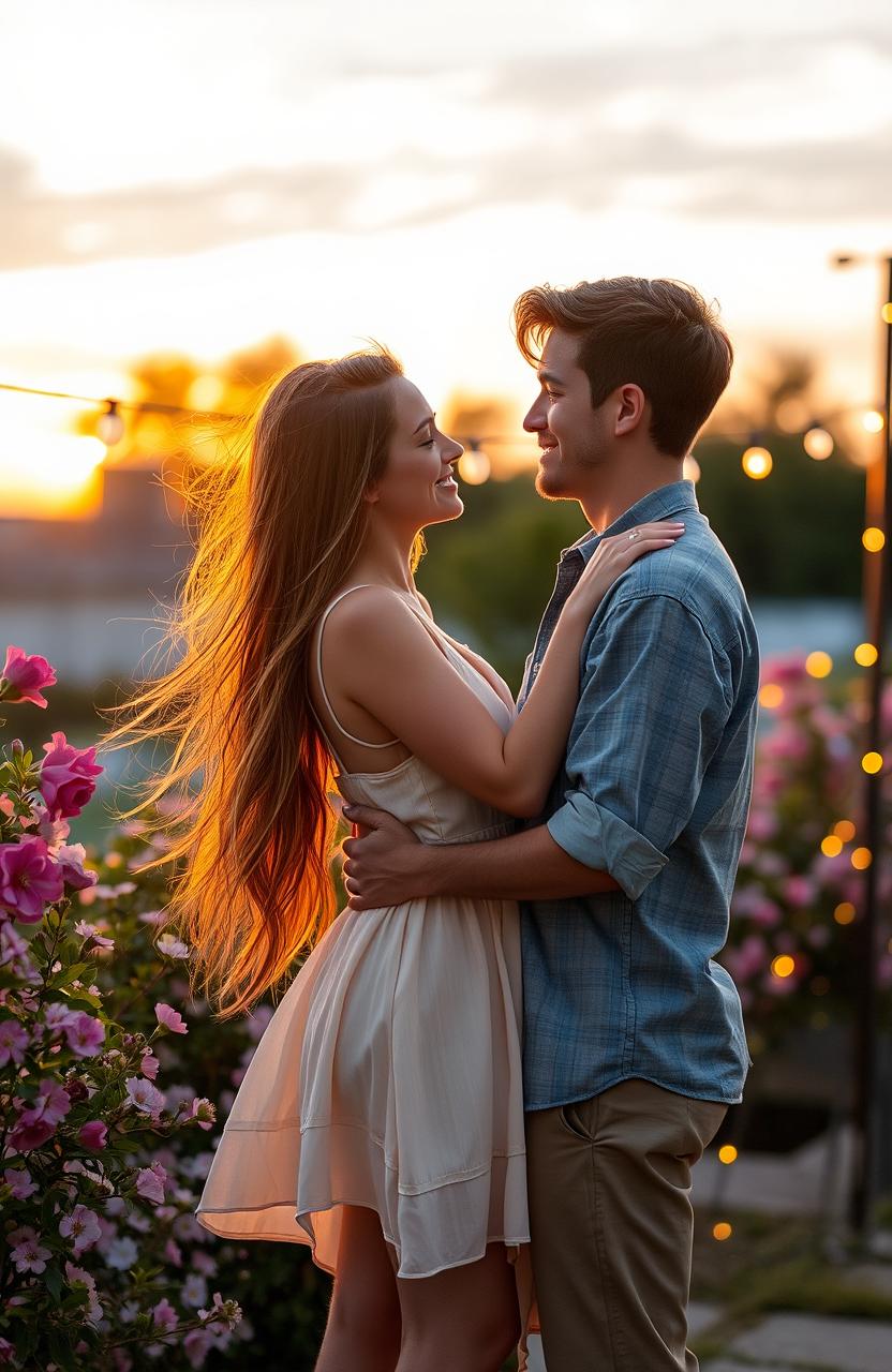 A romantic scene featuring a young couple sharing a tender moment in a picturesque outdoor setting during sunset