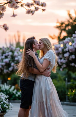 A romantic scene featuring a young couple sharing a tender moment in a picturesque outdoor setting during sunset