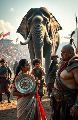 An expansive, vibrant open arena bustling with dramatic moments