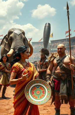 An expansive, vibrant open arena bustling with dramatic moments