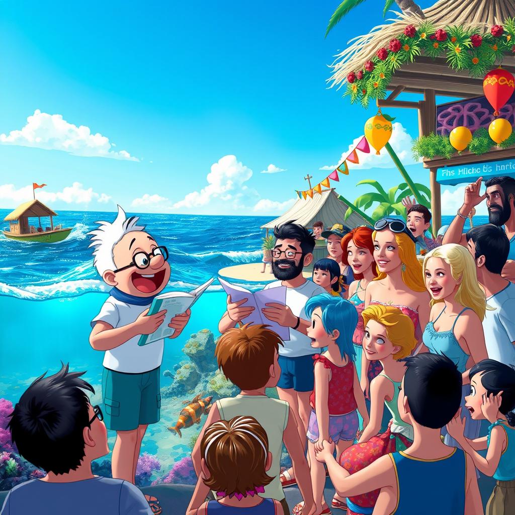 A vibrant and lively scene depicting a coastal town celebration at the coral reef