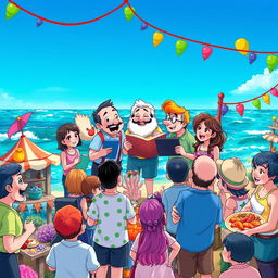 A vibrant and lively scene depicting a coastal town celebration at the coral reef