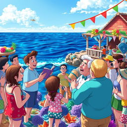 A vibrant and lively scene depicting a coastal town celebration at the coral reef
